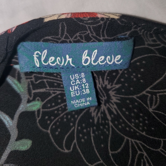: fleur bleve black floral design button front Drawstring tunic dress top sz 8 - Picture 8 of 16